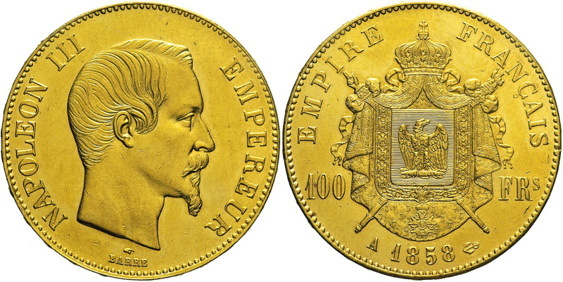 FRANCIA - Napoleone III (1852-1870) 100 Franchi 1858 A Parigi, Fr 569 AU Oro gr....