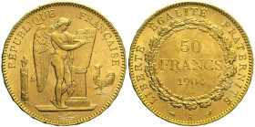 FRANCIA - Terza Repubblica (1870-1940) 50 Franchi 1904, A, Parigi Fr. 591 AU Oro gr. 16,14 27,64mm
SPL+/qFDC