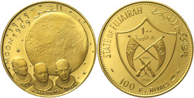 Fujairah Emirate Muhammad bin Hammad al-Sharqi (1952-1974) 100 Riyals 1969 Apollo XI. Mintage: 2.140 pcs. Au. KM 9. 20.73 g. R PROOF 34,63mm
FS