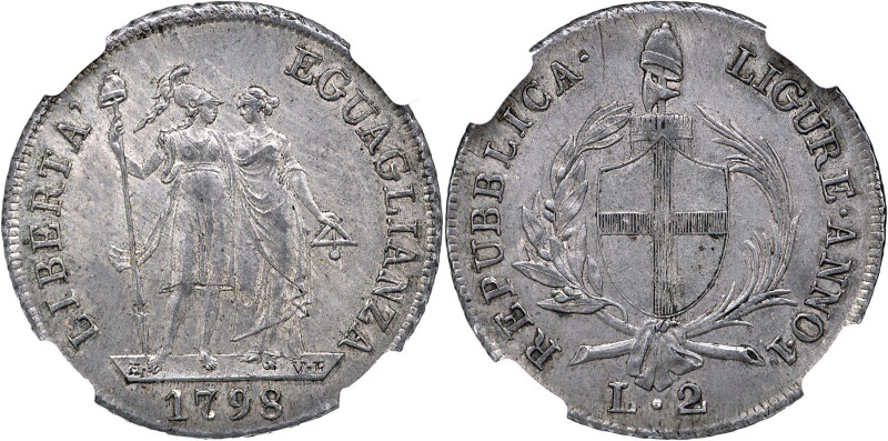 GENOVA,Repubblica Ligure (1798-1805) 2 LIRE 1798 Gig 17 Rara AG In Slab NGC MS64...