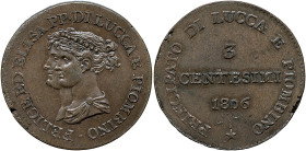 LUCCA - Principato di Lucca e Piombino - Elisa Bonaparte e Felice Baciocchi (1805-1814) 3 Centesimi 1806 Gig. 10 CU gr 6,24 Screpolatura al bordo ma m...