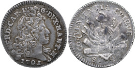 MANTOVA - Ferdinando Carlo Gonzaga (1669-1707) Lira o 40 soldi 1701 MIR 739/1 R AG gr 3,01 3,01g 22,16mm
SPL