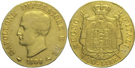 MILANO Napoleone I Re d’Italia (1805-1814) 40 Lire 1808 senza la M di zecca Gig. 72A R AU Oro gr 12,88 12,88g 25,93mm
BB/SPL