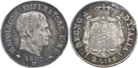 MILANO - Napoleone I Re d’Italia (1805-1814) 2 lire 1807 Gig 125 R AG gr 9,99 10,02g 27,52mm
BB/SPL