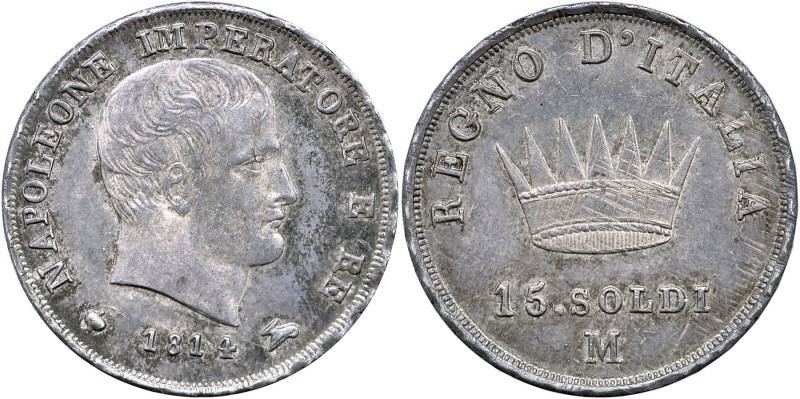MILANO - Napoleone I Re d’Italia (1805-1814) 15 soldi 1814 Gig 174 RR AG gr 3,75...