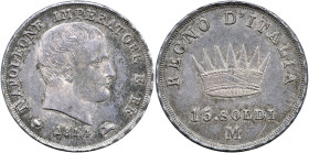 MILANO - Napoleone I Re d’Italia (1805-1814) 15 soldi 1814 Gig 174 RR AG gr 3,75 Solo 371 pezzi coniati. Splendida patina su fondi lucenti 3,76g 20,77...