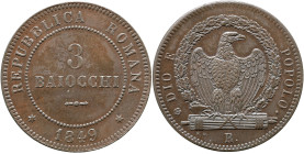 Seconda Repubblica Romana (1848-1849) 3 Baiocchi 1849 Roma Gig. 6 R Cu gr 25,22 37,29mm
qFDC