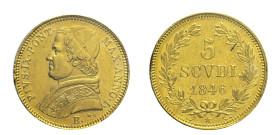 Stato Pontificio - Pio IX (1846-1870) 5 Scudi 1846 Bologna Gig. 5 R AU Oro Periziata Gianfranco Erpini SPL 22,97mm
SPL