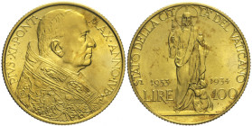 Città del Vaticano - Pio XI (1929-1938) 100 lire 1933-34 Gig. 5 AU Oro gr 8,83 23,4mm
qFDC/FDC