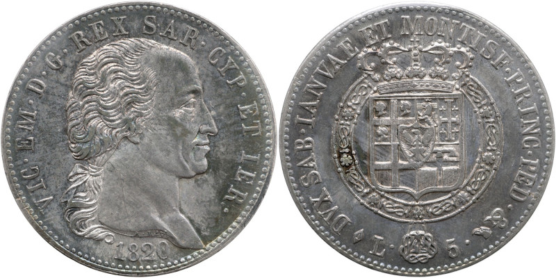 REGNO DI SARDEGNA Vittorio Emanuele I (1802-1821) 5 Lire 1820 Gig. 21 R AG Periz...