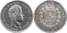 REGNO DI SARDEGNA Carlo Alberto (1831-1849) 2 Lire 1844 Genova Gig 105 RR Periziata Francesco Cavaliere SPL/FDC Moneta ancora più rara in questa conse...