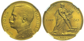 REGNO D'ITALIA Vittorio Emanuele III (1900-1943) 50 Lire 1912 Gig 16 R AU Oro In Slab NGC MS65 TOP POP Esemplare in conservazione eccezionale, rilievi...
