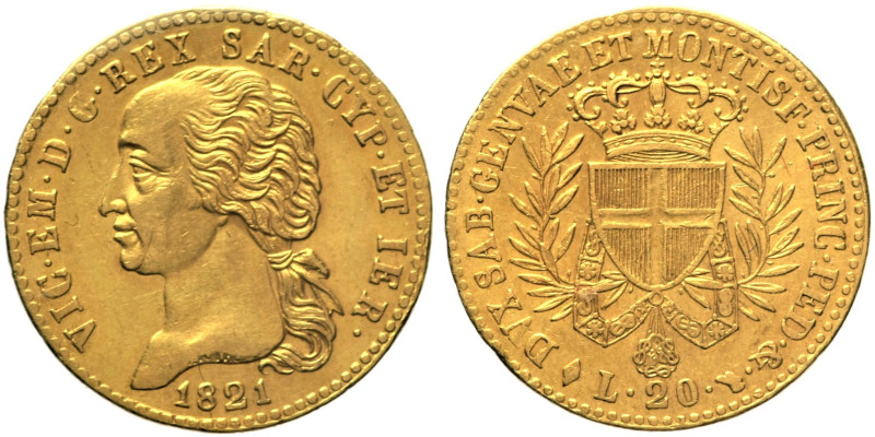 20 Lire 1821 - Mont. 22, Varesi 8; Au R3 • Moneta periziata Gianluca Larici Spl/...