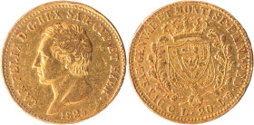 20 Lire 1825 Genova - Mont. 36, Varesi 14; Au R5 Moneta di rara apparizione sul mercato numismatico, mancante in tutte le collezioni specialistiche. P...