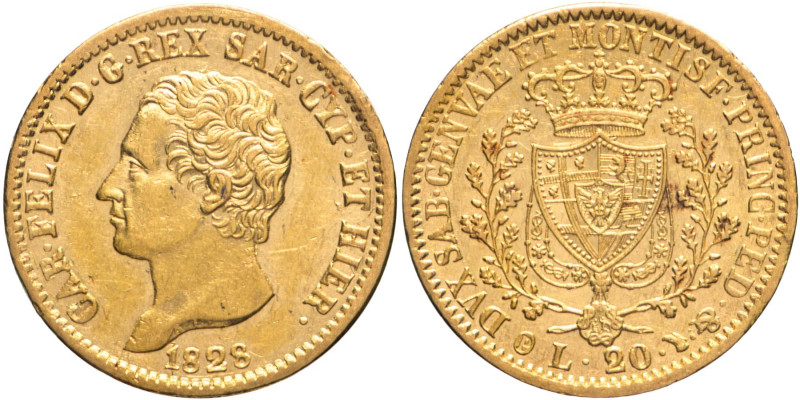 20 Lire 1828 Torino - Mont. 42, Varesi 21; Au • P in ovale. Esemplare in conserv...