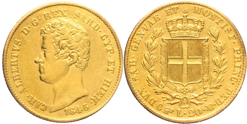 20 Lire 1845 Torino - Mont. 71, Varesi 61; Au leggermente lucidata e bordo ritoc...