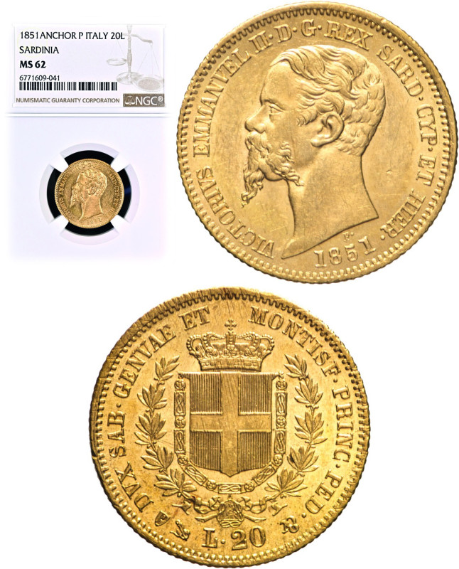 20 Lire 1851 Genova - Mont. 4, Varesi 73; Au In slab NGC MS62 n. 6771609041 TOP ...