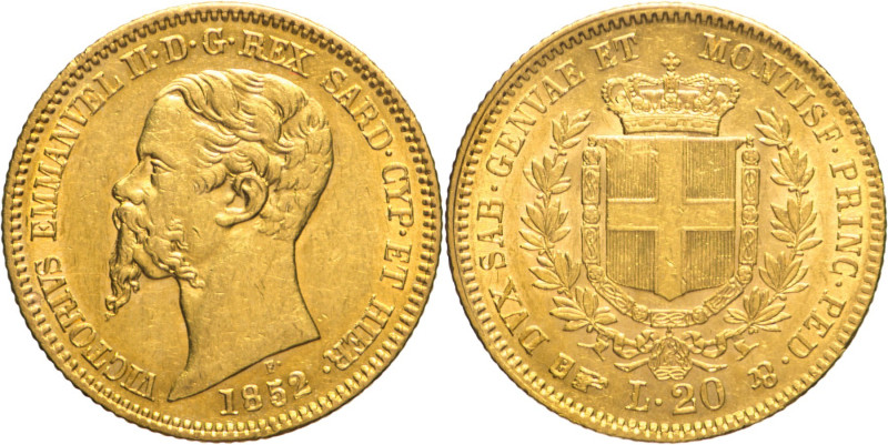 20 Lire 1852 Torino - Mont. 6, Varesi 76; Au leggermente pulita 6,45g 21mm
SPL