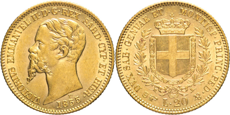 20 Lire 1855 Torino - Mont. 13, Varesi 83; Au • EMMANVEL H al D/ Splendido esemp...