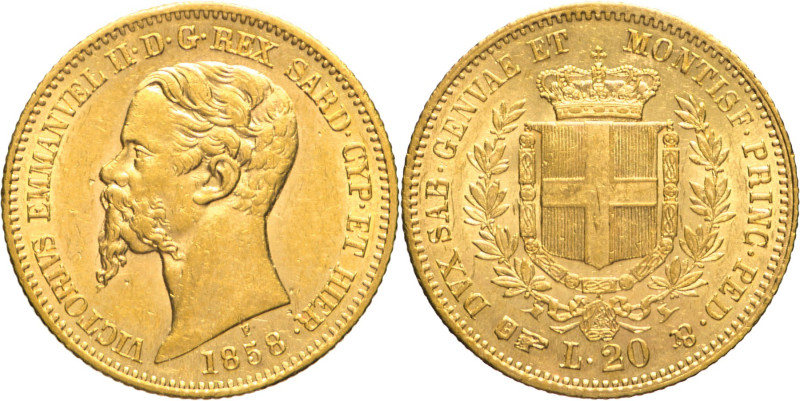 20 Lire 1858 Torino - Mont. 20, Varesi 89; Au R2 6,45g 21mm
SPL+