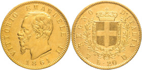 20 Lire 1861 Torino - Mont. 130, Varesi 98; Au R2 • T ribattuta su F Moneta con tracce di spazzolatura 6,45g 21mm
qSPL