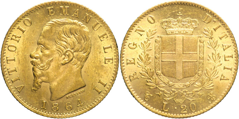 20 Lire 1864 Torino - Mont. 134, Varesi 101; Au 6,45g 21mm
FDC