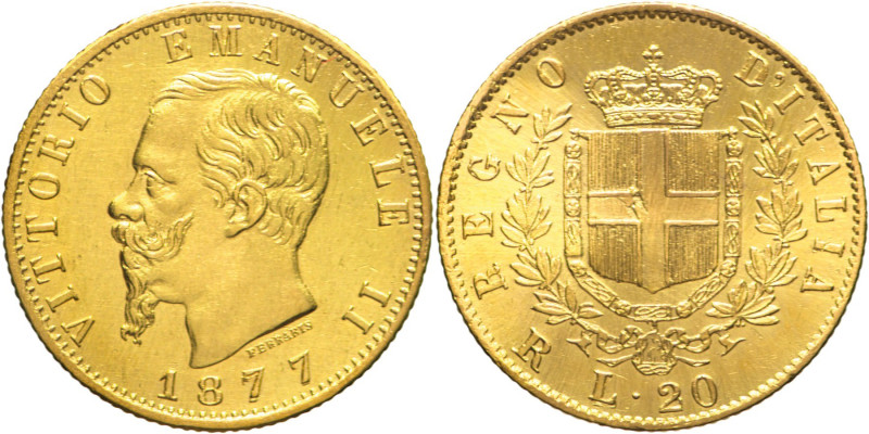 20 Lire 1877 Roma - Mont. 151b, Varesi 117; Au R3 • 7 ribattuto su 7 6,45g 21mm...