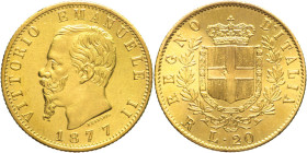 20 Lire 1877 Roma - Mont. 151b, Varesi 117; Au R3 • 7 ribattuto su 7 6,45g 21mm
SPL/FDC
