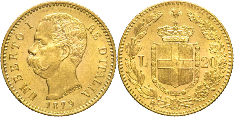 20 Lire 1879 - Mont. 10, Varesi 119; Au fondi brillanti 6,45g 21mm
qFDC/FDC