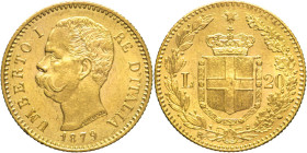 20 Lire 1879 - Mont. 10, Varesi 119; Au fondi brillanti 6,45g 21mm
qFDC/FDC