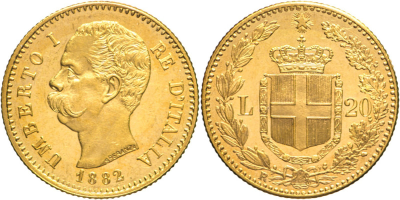 20 Lire 1882 - Mont. 16, Varesi 122; Au Fondi a specchio 6,45g 21mm
qFDC/FDC