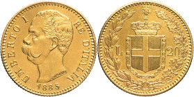 20 Lire 1885 - Mont. 21a, Varesi 125; Au R3 • 5 ribattuto. Tracce di pulitura 6,45g 21mm
SPL