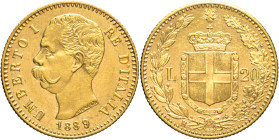 20 Lire 1889 - Mont. 24, Varesi 128; Au Bellissimo esemplare dai fondi praticamente a specchio 6,45g 21mm
qFDC/FDC