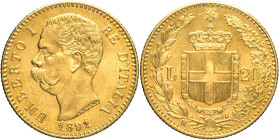 20 Lire 1891 - Mont. 21a, Varesi 130; Au R • Entrambi gli 1 della data sono ribattuti 6,45g 21mm
qFDC