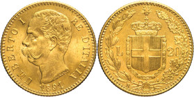 20 Lire 1891 - Mont. 26, Varesi 130; Au Primo 1 della data ribattuto 6,45g 21mm
qFDC