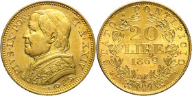 20 Lire 1869 Anno XXIV - Mont. 352, Varesi 180; Au • Splendido esemplare 6,45g 21mm
qFDC