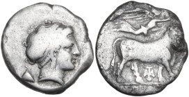 Greek Italy. Central and Southern Campania, Neapolis. AR Nomos, 320-300 BC. Obv. Head of nymph right; behind, pileus. Rev. Man-headed bull right; abov...