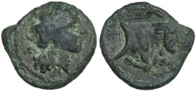 Greek Italy. Central and Southern Campania, Neapolis. AE 12mm, ca 270-250 B.C. Obv. Head of Apollo left. Rev. Forepart of man-faced bull right. HN Ita...