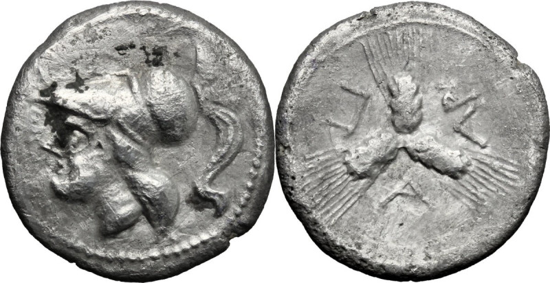 Greek Italy. Northern Apulia, Arpi. AR Triobol, c. 215-212 BC. Obv. Head of Athe...