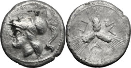 Greek Italy. Northern Apulia, Arpi. AR Triobol, c. 215-212 BC. Obv. Head of Athena left, helmeted. Rev. Three barley-ears conjoined at the stem. HN It...