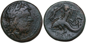 Greek Italy. Southern Apulia, Brundisium. AE Semis, Semuncial standard, 2nd century BC. Obv. Head of Neptune right, wearing wreath. Rev. Phalanthos ri...
