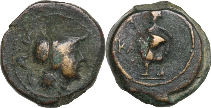 Greek Italy. Southern Apulia, Caelia. AE Semuncia (?), 220-150 BC. Obv. Helmeted...