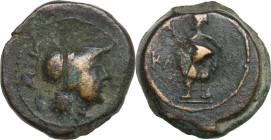 Greek Italy. Southern Apulia, Caelia. AE Semuncia (?), 220-150 BC. Obv. Helmeted head of Athena right. Rev. Dioscuros walking right, holding branch; t...