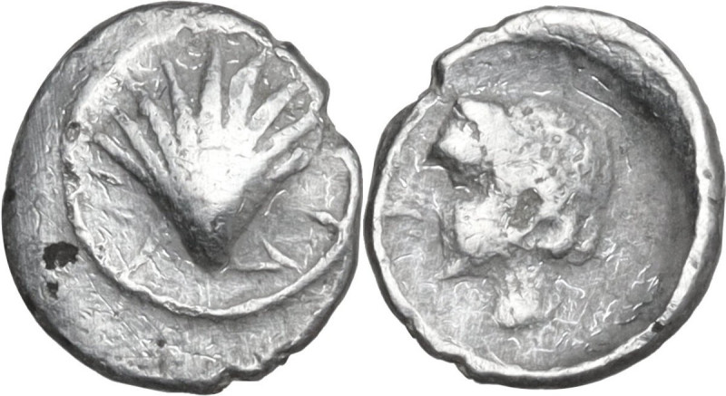 Greek Italy. Southern Apulia, Tarentum. AR Litra, c. 470-450 BC. Obv. Scallop sh...