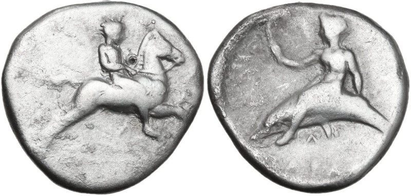 Greek Italy. Southern Apulia, Tarentum. AR Nomos, c. 380-340 BC. Obv. Naked ephe...
