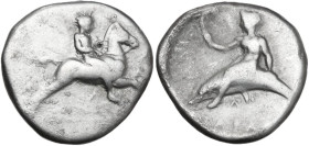 Greek Italy. Southern Apulia, Tarentum. AR Nomos, c. 380-340 BC. Obv. Naked ephebos galloping to right holding reins with both hands. Rev. Taras on do...