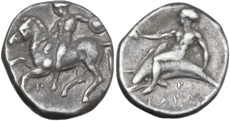 Greek Italy. Southern Apulia, Tarentum. AR Nomos, c. 380-340 BC. Obv. Naked hors...