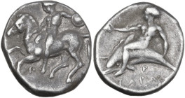 Greek Italy. Southern Apulia, Tarentum. AR Nomos, c. 380-340 BC. Obv. Naked horseman dismounting left, holding small round shield; Π below. Rev. Phala...
