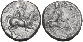 Greek Italy. Southern Apulia, Tarentum. AR Nomos, 340-332 BC. Obv. Warrior on prancing horse right, holding spear and shield. Rev. Phalanthos riding o...