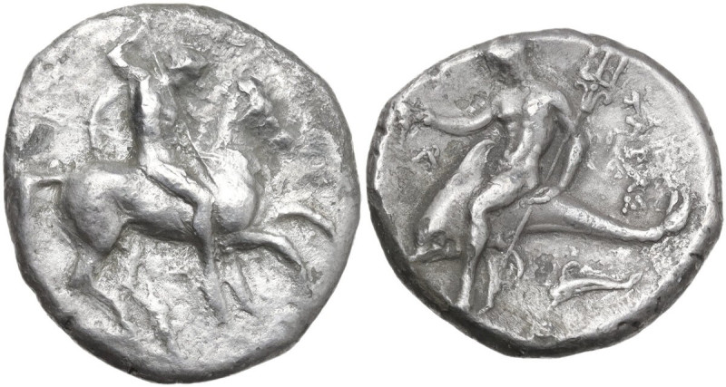 Greek Italy. Southern Apulia, Tarentum. AR Nomos, 332-302 BC. Obv. Armed horsema...